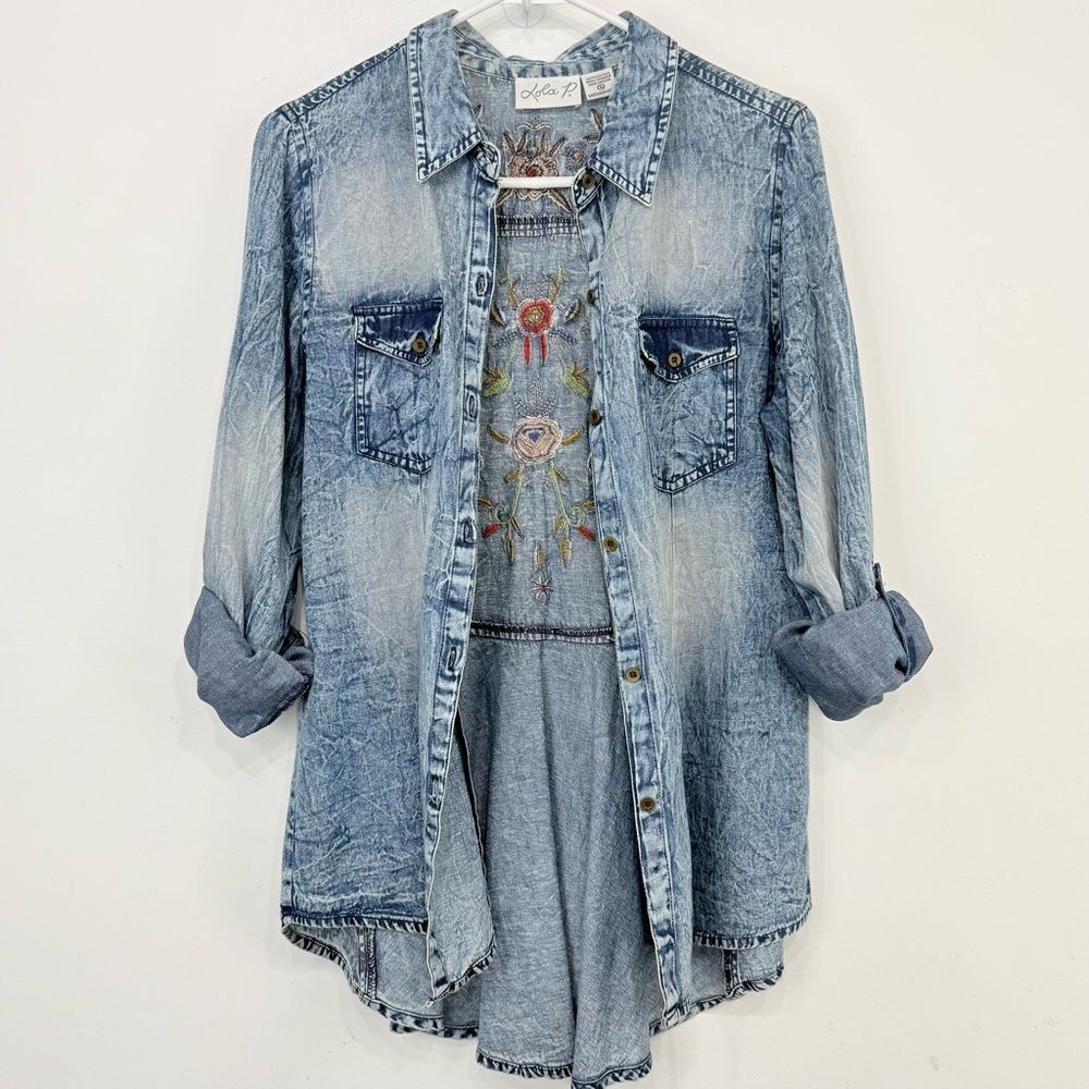 Lola P Embroidered Floral Sparkle Blue Factory Faded Cotton Peplum Tunic Blouse - Picture 10 of 13